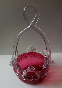 Cranberry Glass Basket Glass Twisted Handle, Ruffle, Ribbon Murano?9T Granny Co - Picture 1 of 9