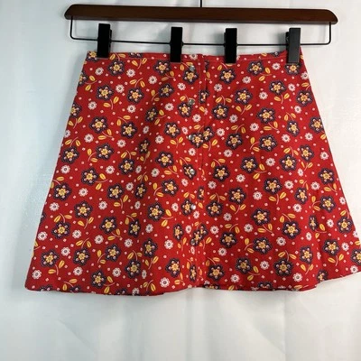 Handmade Hippie Women Sz M Mini Skirt Pearl Buttons Boho Cottagecore Red Flowers - Image 1 of 4