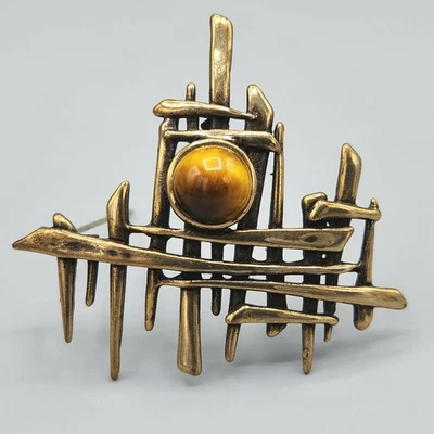 Broche ojo de tigre de bronce brutalista abstracto modernista de mediados de siglo Foto 1 de 4