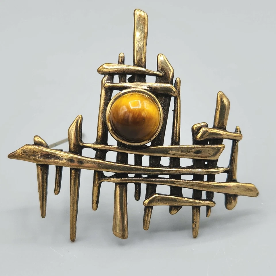 Broche ojo de tigre de bronce brutalista abstracto modernista de mediados de siglo Foto 1 de 4