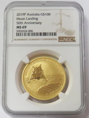 2019 P GOLD AUSTRALIA $100 MOON LANDING 50th ANNIVERSARY 1oz NGC MS 69 - Image 1 of 2