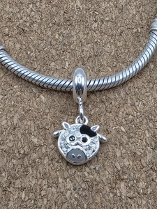 Authentic White Black Cz Moo Cow Animal Farm European Dangle Spacer Charm Bead - Picture 1 of 2