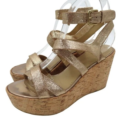 Stuart Weitzman Women 9M Gold Glitter Cork Platform Wedge Sandals Strappy Shoes - Image 1 of 4