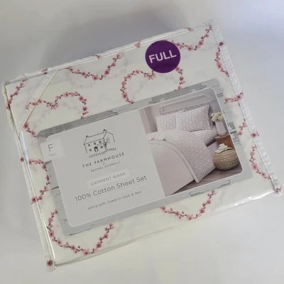 Farmhouse Shabby Chic FULL Sheet Set 4pc Pink Roses Hearts Vines Blossoms Cotton - Image 1 of 4