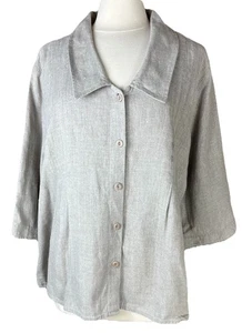 FLAX (Sz L) 100% Linen Shirt Jacket 3/4 Sleeve Tan Lagenlook Boho Shacket - Picture 1 of 11