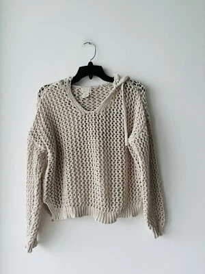 Nicole Miller Atelier Open Crochet Knit Hoodie Beige Women’s Medium - Image 1 of 4