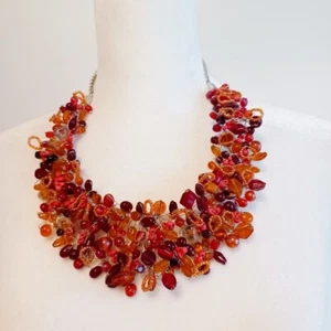 Vintage Artisan Silver Wire Wrapped Maximalist Orange Glass Bead Bib Necklace - Picture 1 of 4