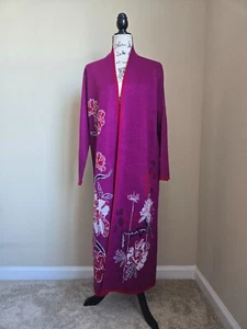 Badgley Mischka long floral cardigan wool blend open front womens L - Picture 1 of 10