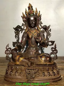 Statua Buddha Buddismo Tara Mahayana Buddismo 12" Vecchio Tibet Bronzo Dorato Gemme Verde - Foto 1 di 9