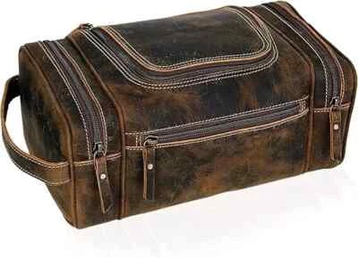 Retro Genuine Buffalo Leather Toiletry Bag Dopp Kit Shaving Travel Case For Men - Image 1 of 4