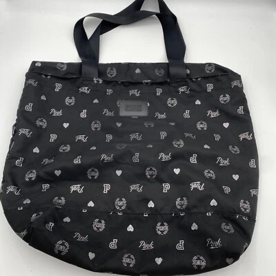 Victoria’s Secret PINK Black Tote Bag Silver Print Fabric Canvas Large 21" x 13" - Image 1 of 4