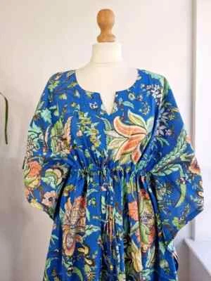 Maxi Vestido Caftán Playa Larga 100% Algodón Indio Vintage Talla Única Caftán Kimono Foto 1 de 4