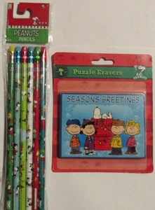 Peanuts Snoopy Christmas 6 Pack Pencils Puzzle Eraser - Picture 1 of 1