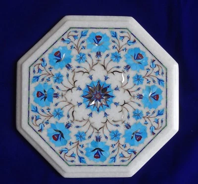 12" Marble Table top Semi Precious Stones turquoise floral inlay Work home decor - Image 1 of 4
