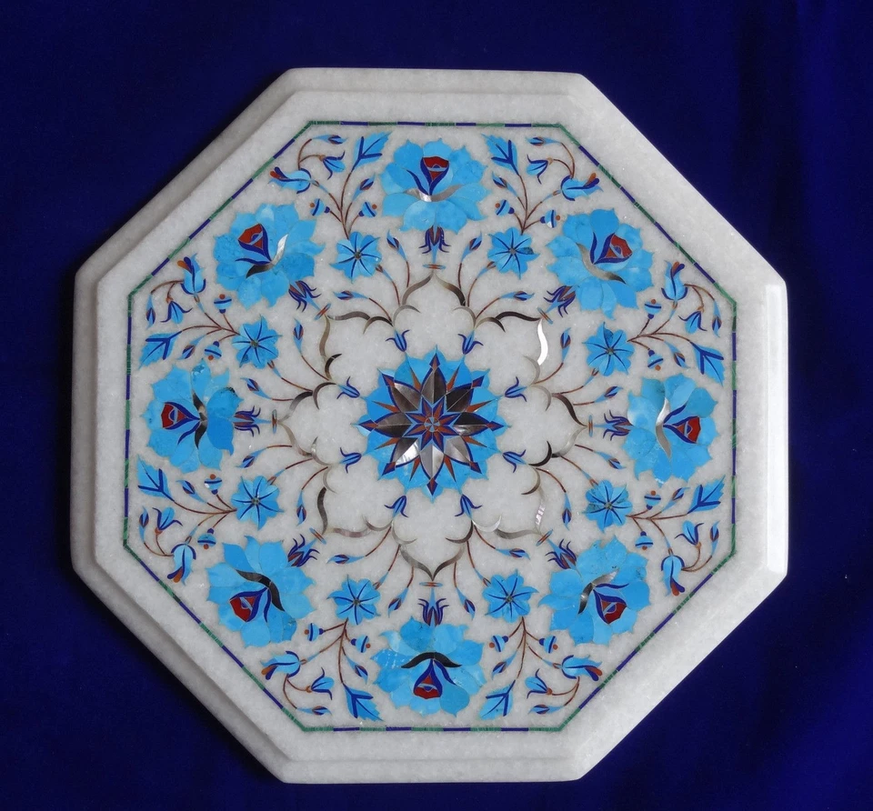 12" Marble Table top Semi Precious Stones turquoise floral inlay Work home decor - Image 1 of 4