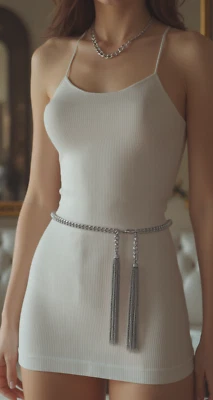 Damen Silber Metal Fransen Quasten Kette Schmal Hat Gürtel Kostüm Outfit M L XL - Bild 1 von 4