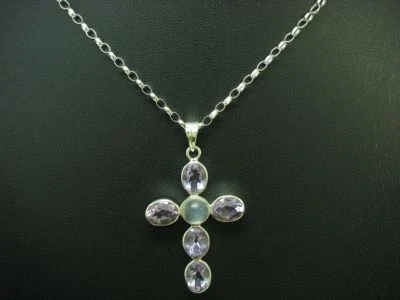 925 Collana IN Argento Sterling & Ciondolo Croce con Ametista E Luna / 59,6 CM - Immagine 1 di 3