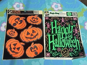 VTG Halloween Window Clings Happy Halloween Pumpkins Sparkle Lot Of 2 - Picture 1 of 1