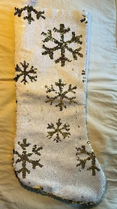 Christmas  White ,Gold Sequin  Snowflake Holiday Stoking Beaded  19” - Picture 1 of 4