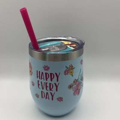 Pioneer Woman Happy Every Day 12 oz ~ Tapa de vaso de acero inoxidable y pajita NUEVO Foto 1 de 4