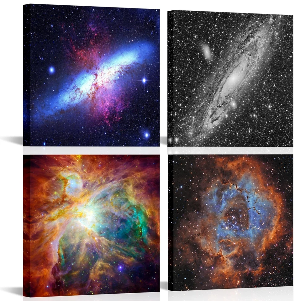 4 Panels Space and Nebulae Wall Painting Giclee Artwork Abstract Colorful Uni... - Image 1 of 4