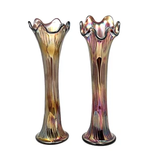 Pair Fenton Carnival Glass Amber Iridescent Diamond Rib Swung Vase 12-1/4 2Pc - Picture 1 of 9