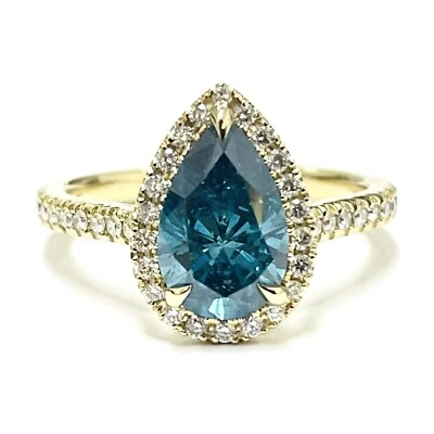 1.86 Carat Pear Cut Fancy Blue SI2 Side Round D-F VS1-VS2 AIG Certified 14K Gold - Image 1 of 4