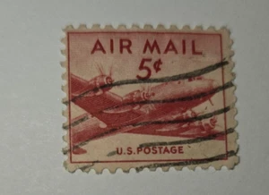 1949 Air Mail 5 Cent US Postage Stamp DC-4 Plane Used Red - Picture 1 of 2
