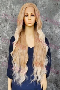 Rubio claro Ombre Largo Ondas sueltas Calor OK Encaje Frente Cabello humano Mezcla Peluca EVEV - Imagen 1 de 9