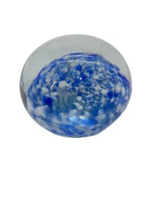 Art Glass Paperweight Orb Blue White Blown Bubbles - Picture 1 of 14