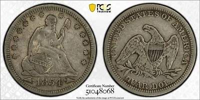 1854 Seated Liberty Quarter - VF30 PCGS Graded w/ TrueView GoldShield Slab - Image 1 of 3