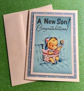 New Baby Son Boy Vintage Image Greeting Card CarSeat Handmade OOAK FREE SHIPPING - Picture 1 of 6