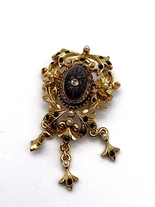 Vintage Sphinx Brooch Gold Metal Victorian Black Glass Pearl Seeds Crystal - Picture 1 of 19