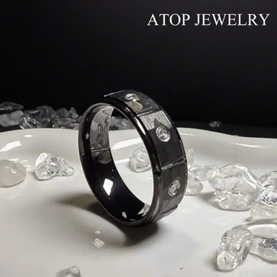 8mm Black Brushed Rock Skin Tungsten Ring 3 Diamonds Inlay ATOP Men Bridal Band - Image 1 of 4