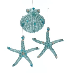 Teal Blue Starfish and Seashell Christmas Holiday Ornaments Set of 3 - Imagen 1 de 1
