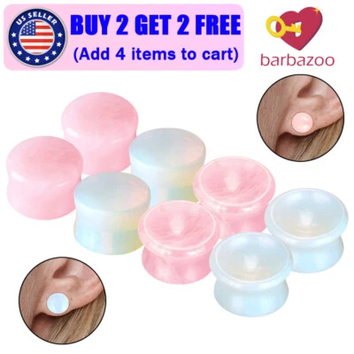 Par de medidores de orelha de quartzo rosa opalita plugue de orelha de pedra orgânica brincos de túnel de carne - Imagem 1 de 4