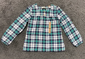 NEW Lands End GIRLS Flannel Jade Green Plaid Pullover Top Blouse Shirt Size 5 - Picture 1 of 3