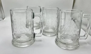 Set of 4 Etched Sailboat Clear Glass Beer Stein Mugs 16oz Cup Nautical - Picture 1 of 10