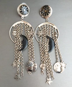 Vintage Silver Tone Celestial Earrings Moons Stars Black Fringe Statement 5" - Picture 1 of 6