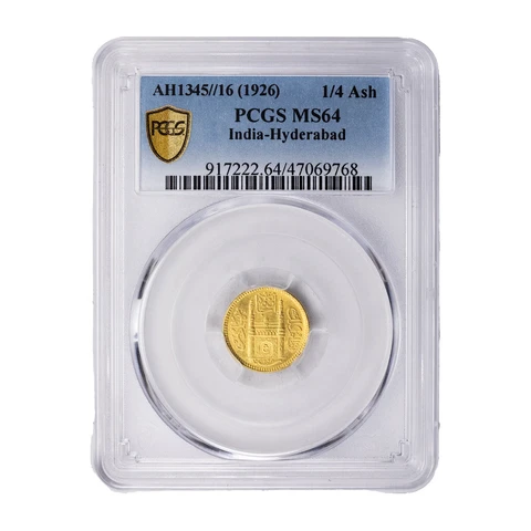 India Hyderabad 1926 1/4 Ashrafi Gold Coin - PCGS MS-64 Cover
