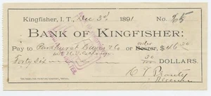 1891 Kingfisher Indian Territory Oklahoma BANK OF KINGFISHER Check  - Picture 1 of 2