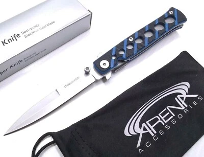 Mini Stiletto Blade Pocket Knife G10 Blue Tip Up Carry Small EDC Manual Open - Image 1 of 4