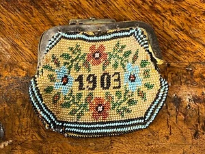 1903 Dated Antique Beaded Beads Coin Purse Case Flowers Artist TA Brass Frame - Picture 1 of 8