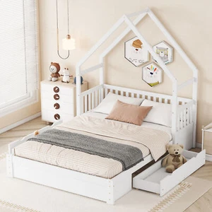Trundle Twin Size Platform Bed Wood Bed Frames With Guardrail 2 Drawers White - Picture 1 of 13