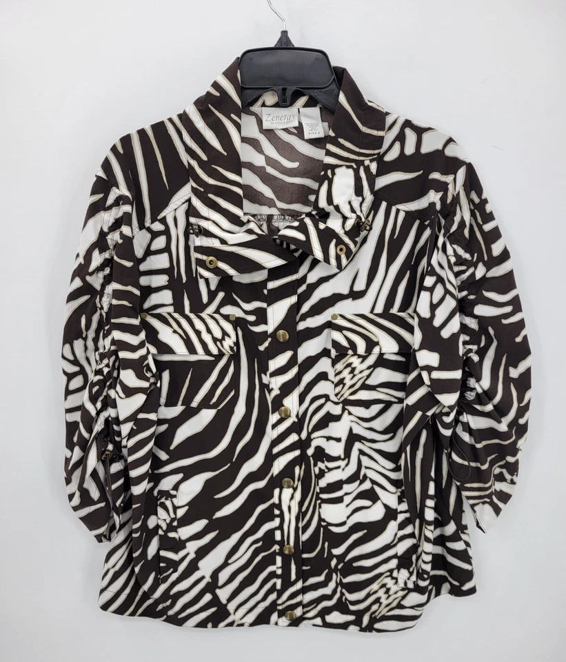 Chicos Zenergy Jacket Womens XL 3 Brown Zebra Print 3/4 Sleeve Performance Zip - Image 1 of 4