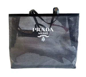 Prada Sequined Logo Print BLACK Tote Mesh Semi Transparent with Pouch $2400 - Picture 1 of 10