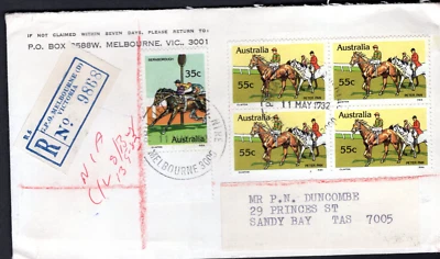 1982 Australia Multi-Stamp REGISTERED MAIL Cover Horse Racing Peter Pan Block - Image 1 of 2