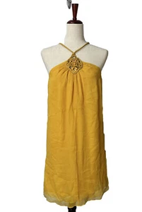 Catherine Malandrino Women’s Sz 8 Mini Yellow Dress Chiffon Silk Crochet Halter - Picture 1 of 6