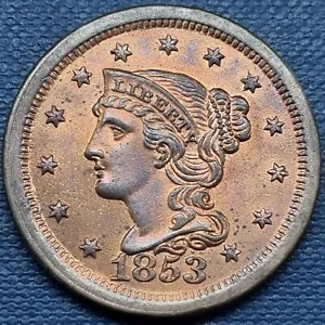1853 Braided Hair Large Cent 1c High Grade BU UNCIRCULATED #78475 - Picture 1 of 2