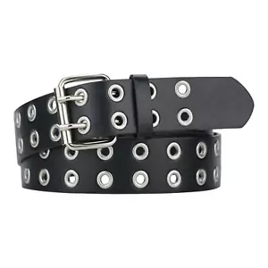 Womens Belts for Jeans Studded Double Grommets Leather Black Belt Women Men-M - Picture 1 of 7